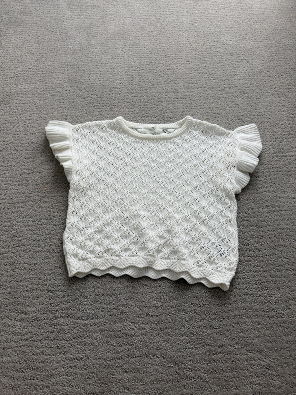 H&M White Crochet Knit Top with Ruffled Cap Sleeves